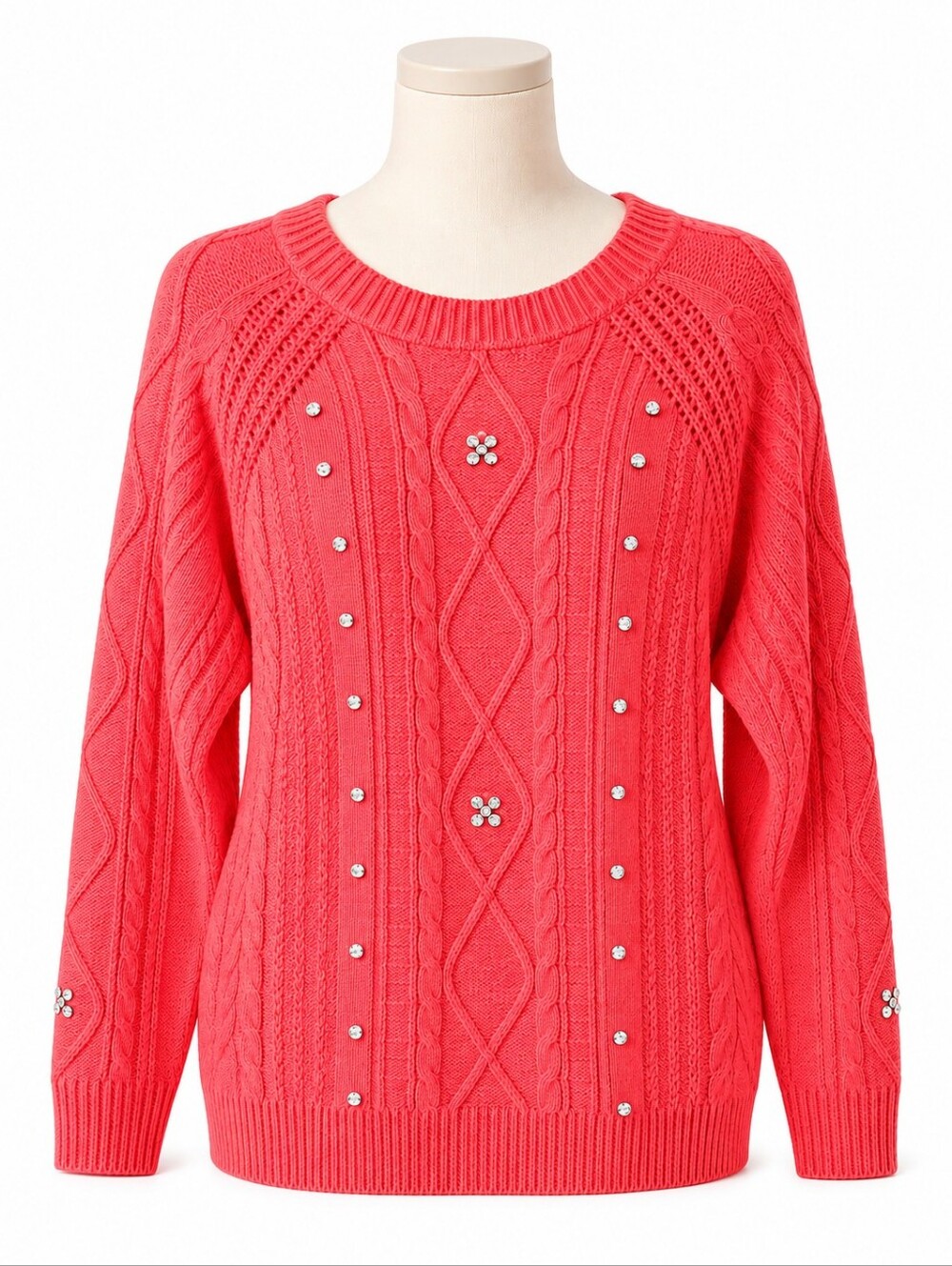 NWT Cato Women's L Coral Cable Knit Embellished Rhinestone Sweater Long Sleeve